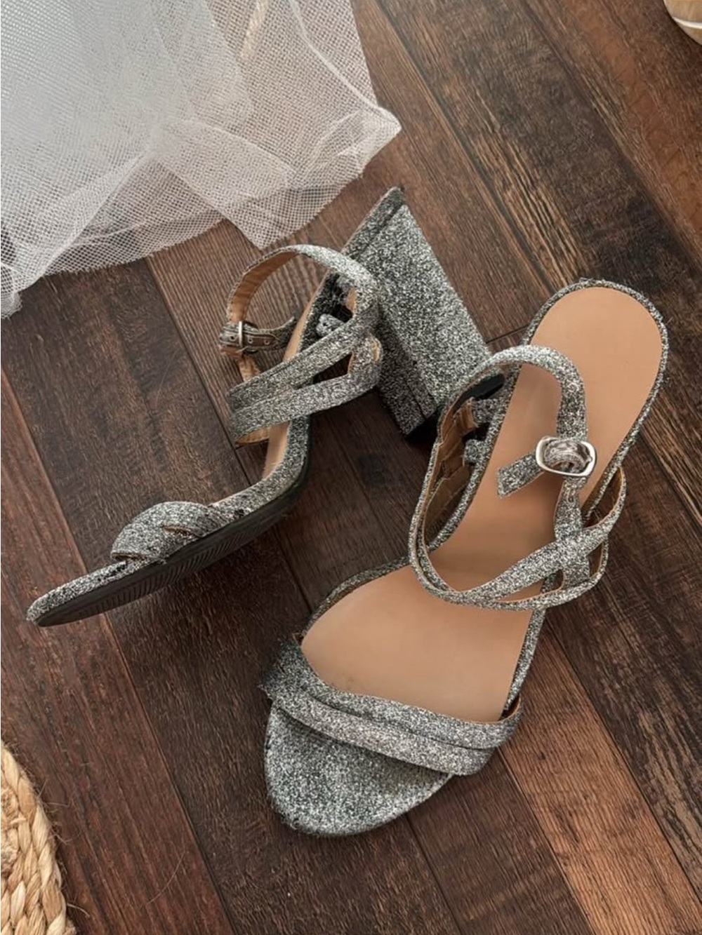 a new day Silver Glitter Block Heel Sandals with Ankle Strap